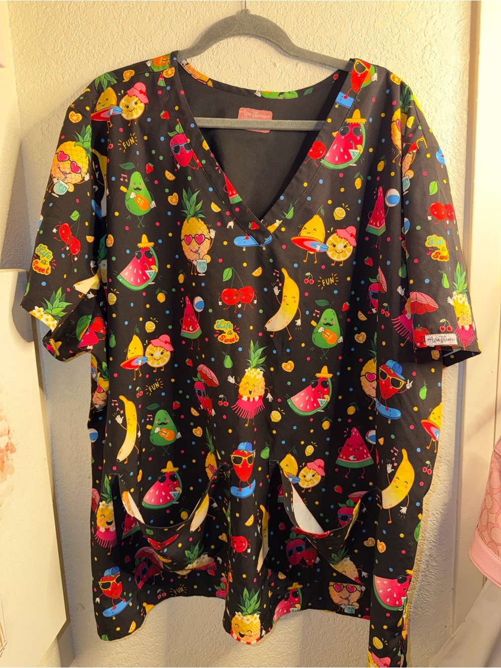 Women's Black Short Sleeve V-Neck scrub with Colorful Tropical Fruit Print